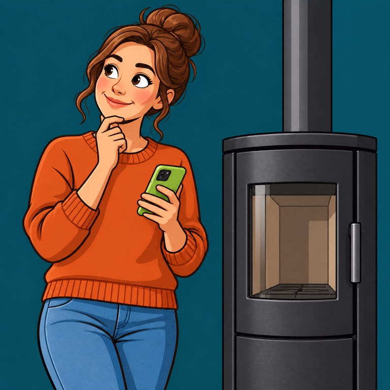Comic: Eine Hausbesitzerin mit Smartphone überlegt neben ihrem neuen Kaminofen.